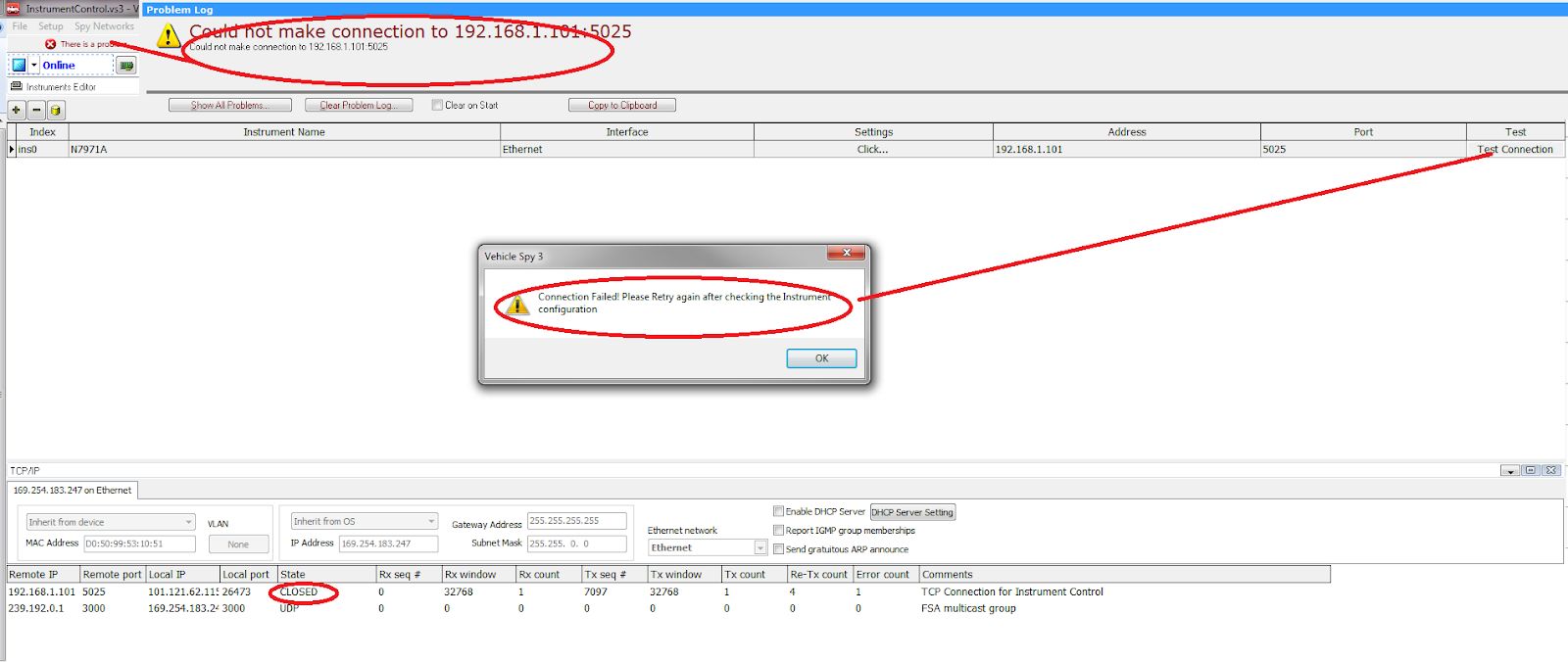 Configuring Ethernet Instruments from Vehicle Spy - Connection Failure