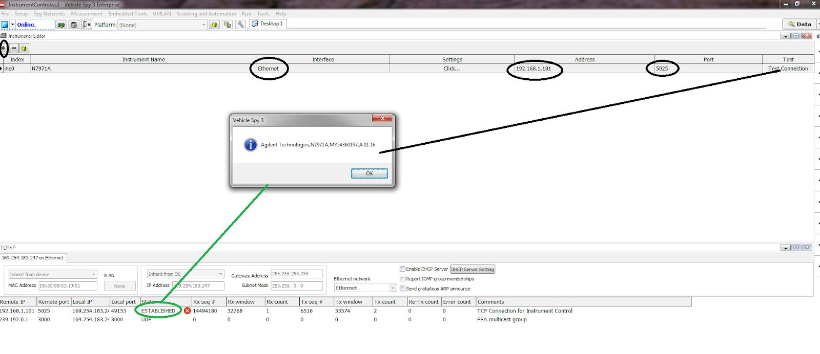 Configuring Ethernet Instruments from Vehicle Spy - Connection success